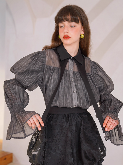 Elegant Black Puff Sleeve Shirt　X3345