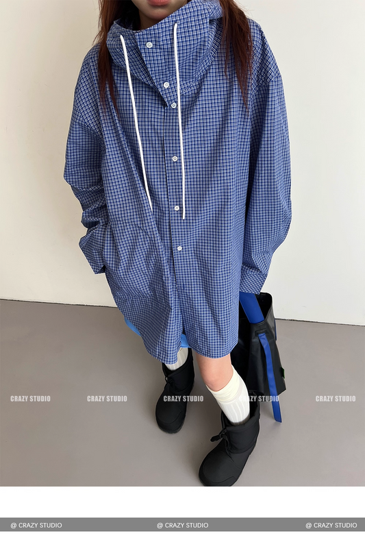 Street Style Plaid Hooded Oversized Drawstring Shirt Jacket　X3336