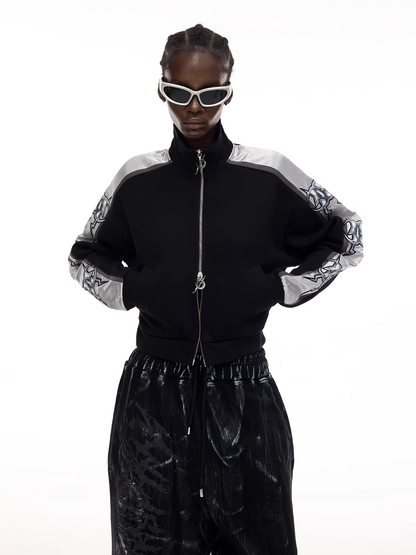 Mirror Graphic Sleeve Panel High-Neck Cropped Jacket　X3490