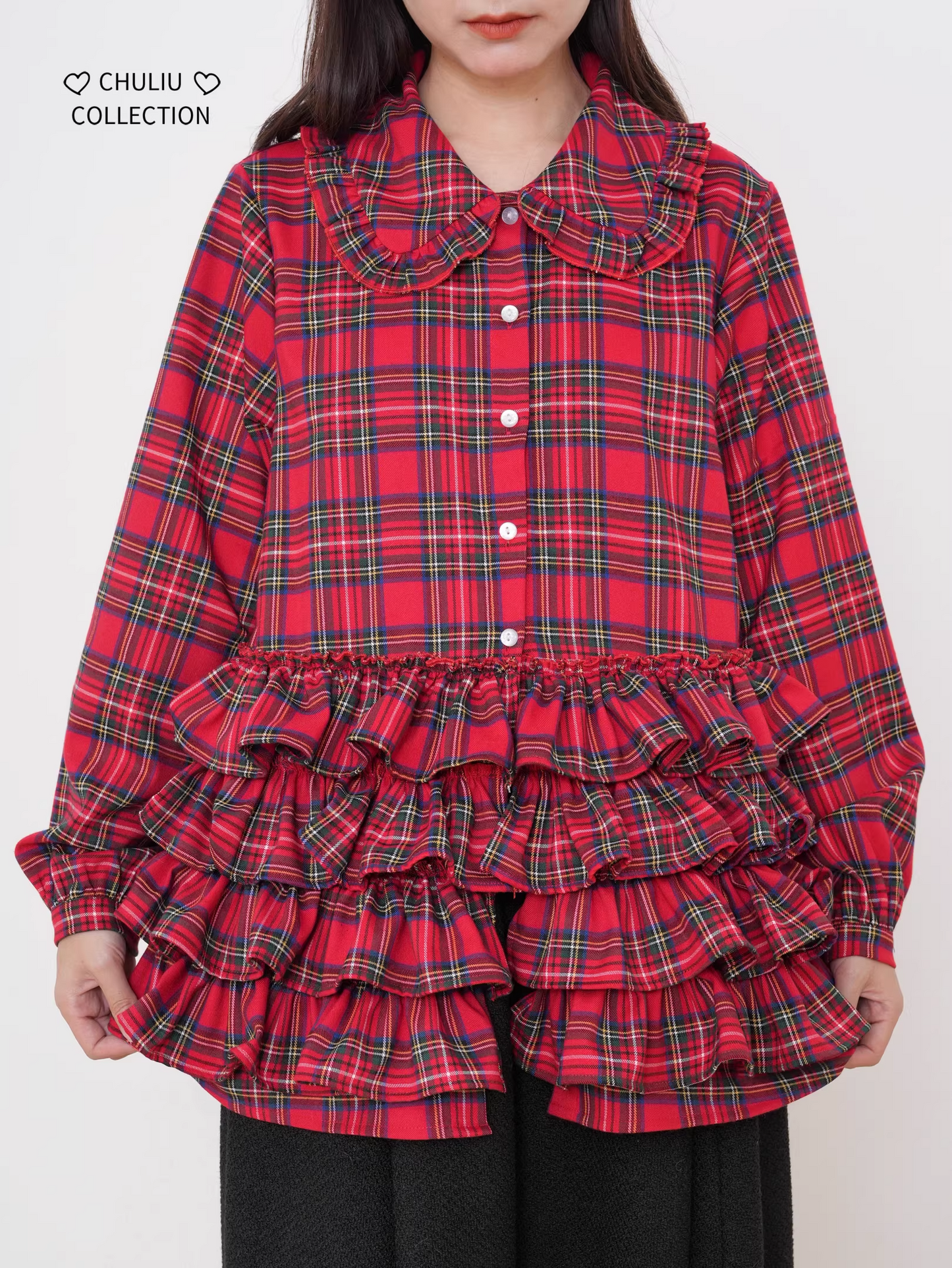 Retro Plaid Tiered Ruffle Hem Shirt　X3525