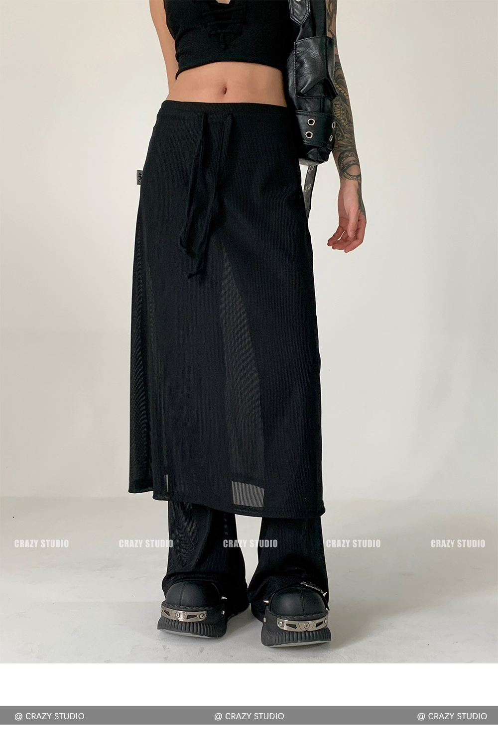 Layered Mesh Panel Drawstring Flared Skirt Pants　X3342