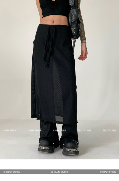Layered Mesh Panel Drawstring Flared Skirt Pants　X3342