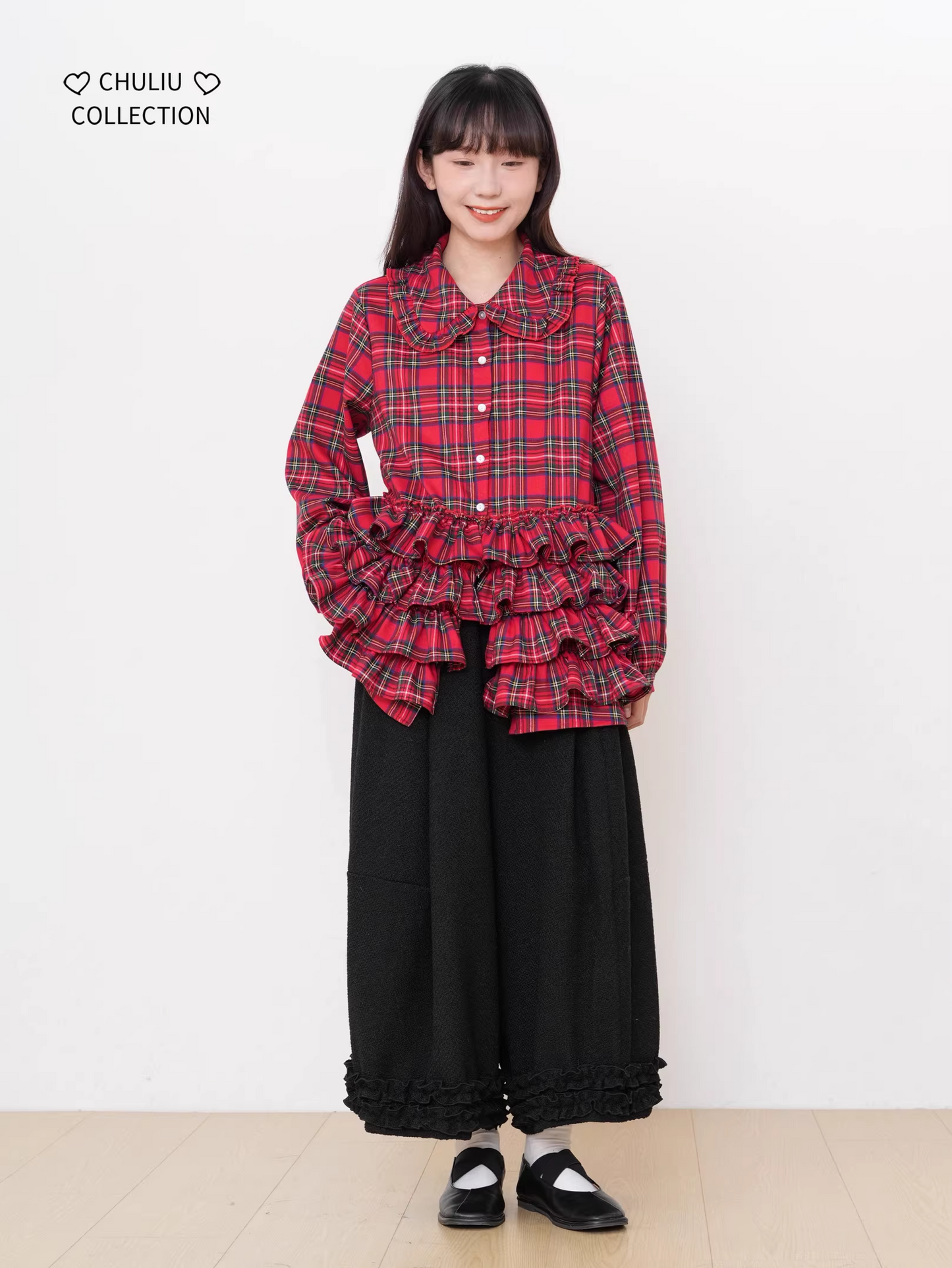 Retro Plaid Tiered Ruffle Hem Shirt　X3525