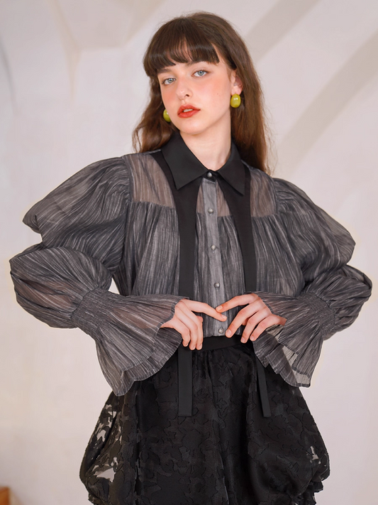 Elegant Black Puff Sleeve Shirt　X3345