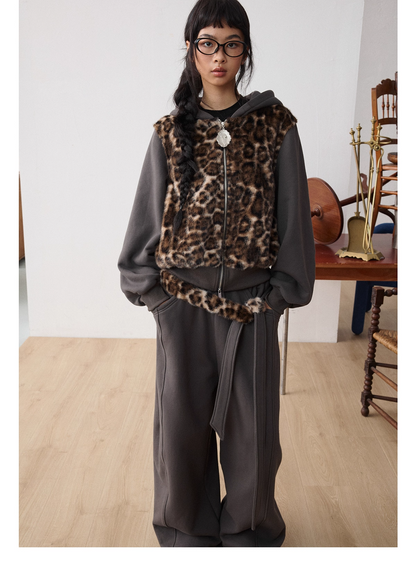 Leopard Faux-Fur Panel Hoodie & Pants　X3487