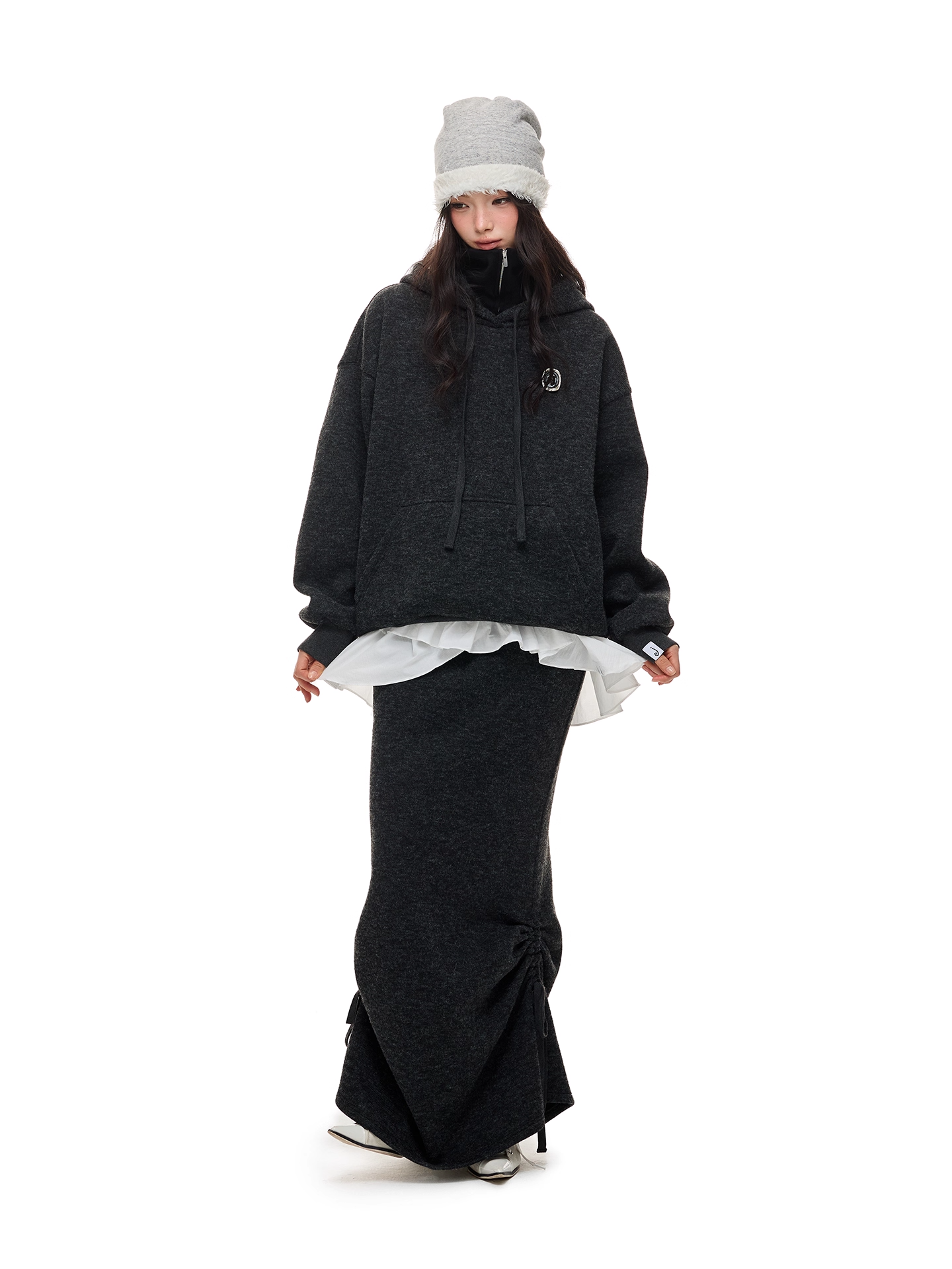 Layered-Look High-Neck Hoodie & Long Skirt 　X3484