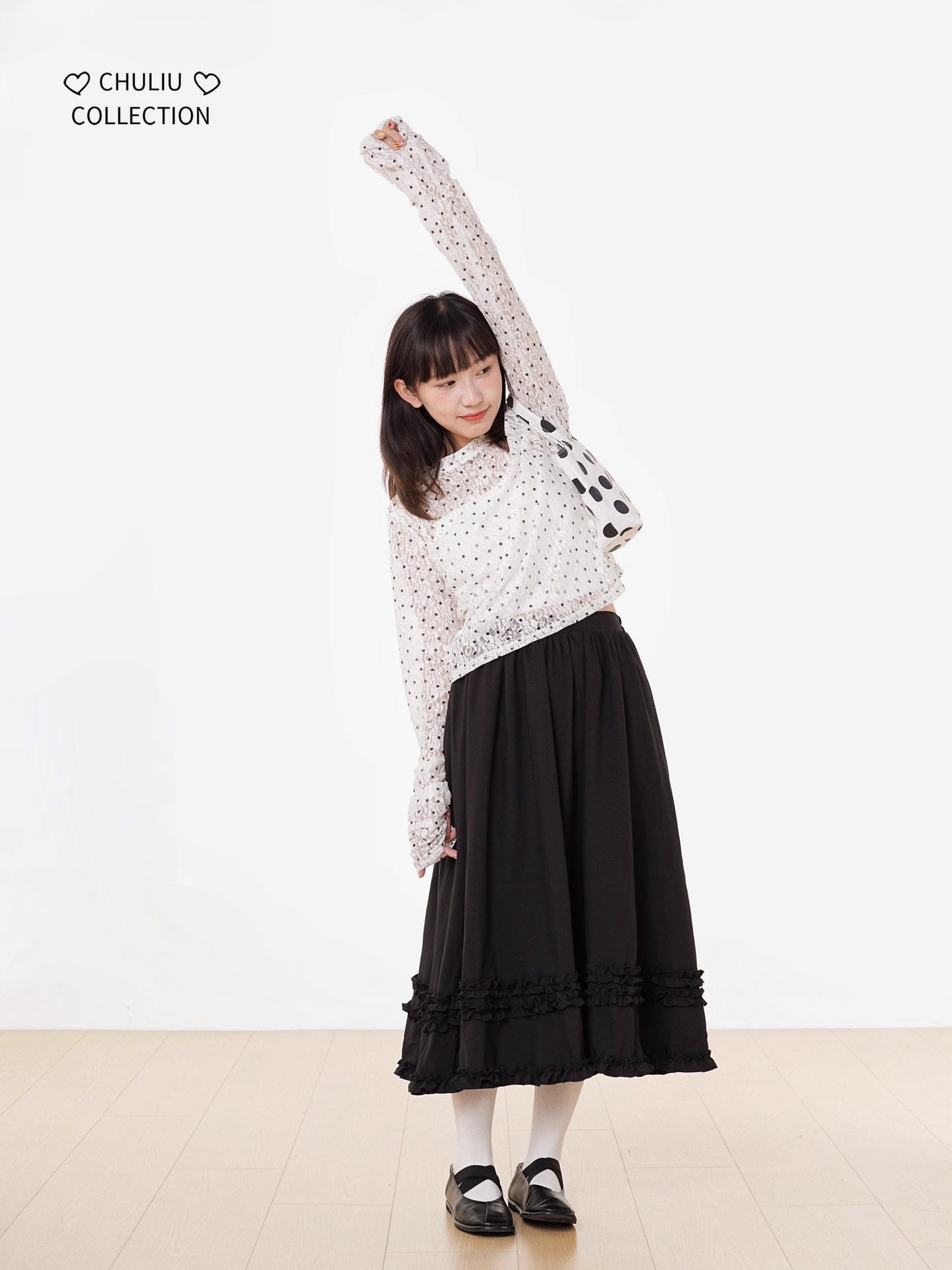 Retro Polka Dot Lace Stretch Loose Top X3398
