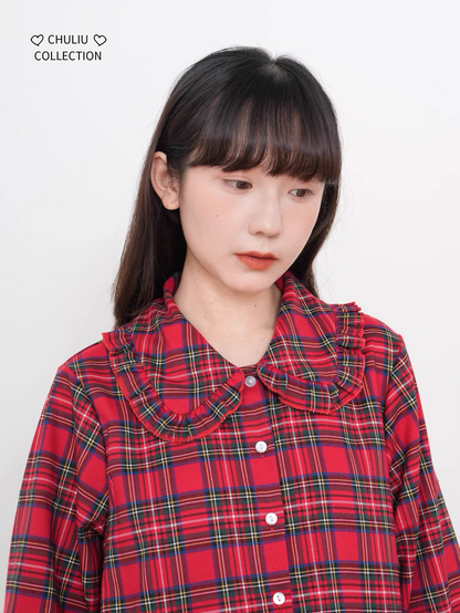 Retro Plaid Tiered Ruffle Hem Shirt　X3525