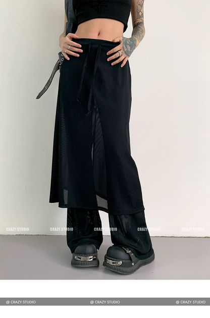 Layered Mesh Panel Drawstring Flared Skirt Pants　X3342