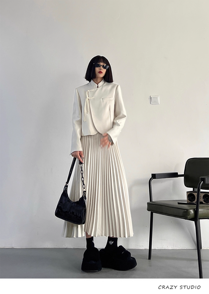 White Chinese-Style Blazer/Pleated Skirt Set　X3341