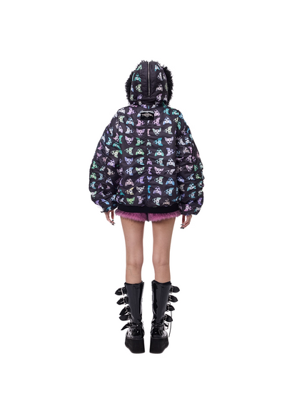 Cat Motif Print Black Metal Faux-Fur Collar Padded Jacket (Unisex)　X3488