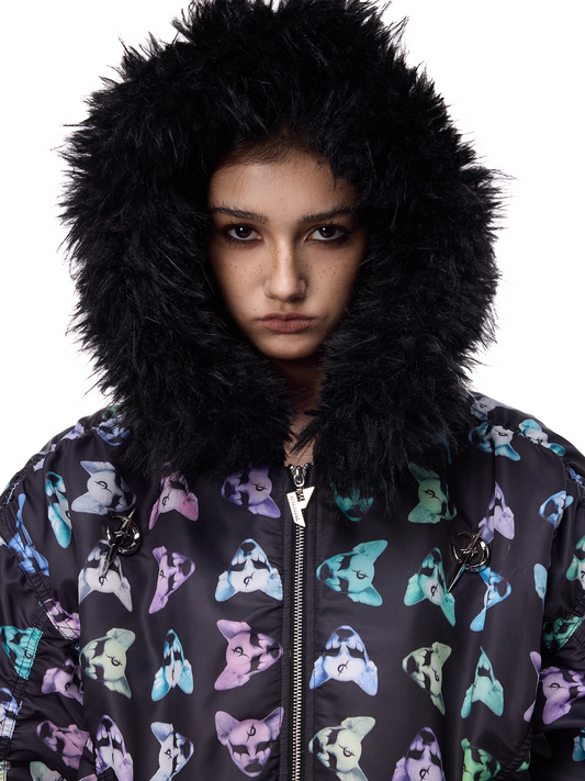 Cat Motif Print Black Metal Faux-Fur Collar Padded Jacket (Unisex)　X3488