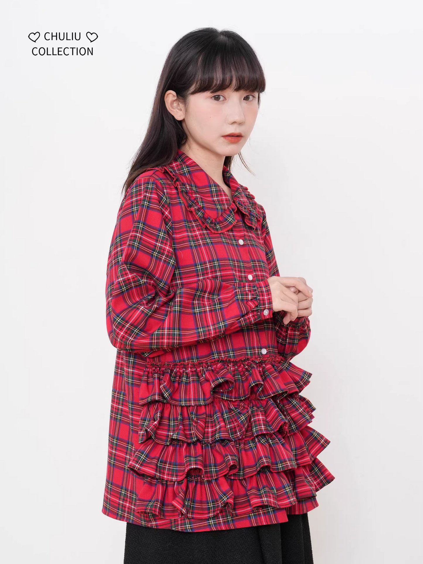 Retro Plaid Tiered Ruffle Hem Shirt　X3525