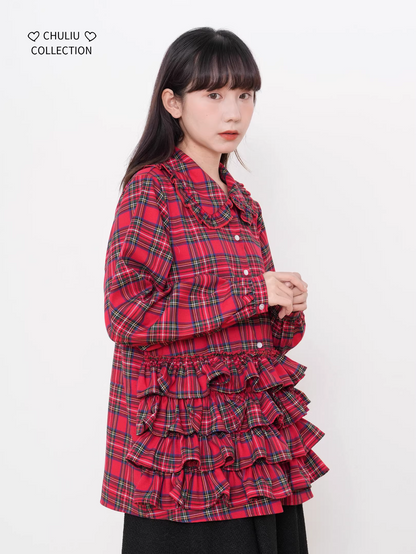 Retro Plaid Tiered Ruffle Hem Shirt　X3525