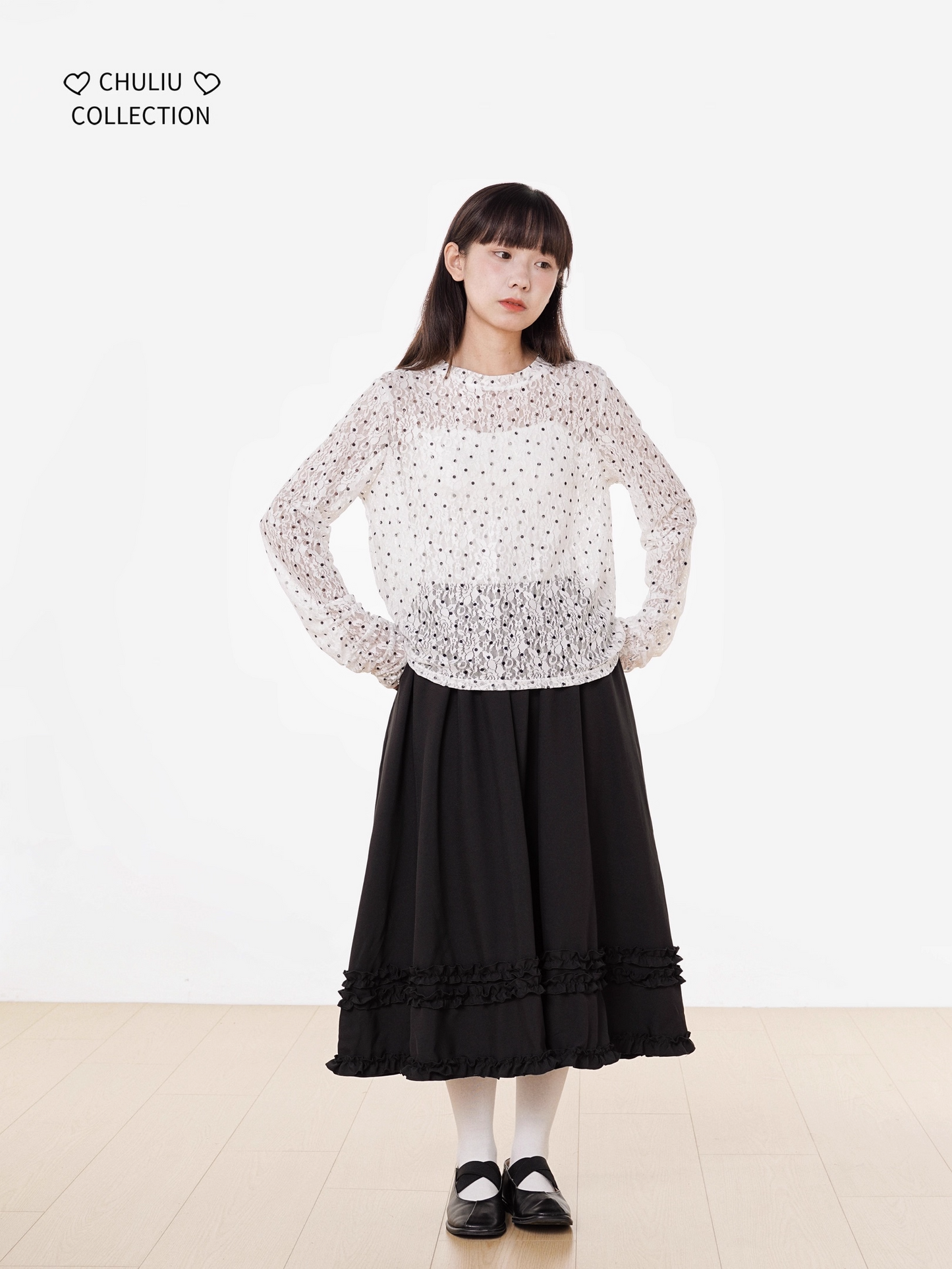 Retro Polka Dot Lace Stretch Loose Top X3398