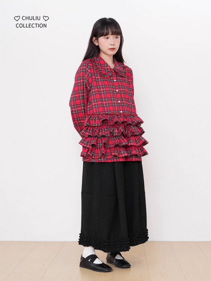 Retro Plaid Tiered Ruffle Hem Shirt　X3525