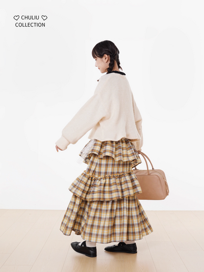 Autumn Winter Brushed Retro Check Tiered Skirt X3406