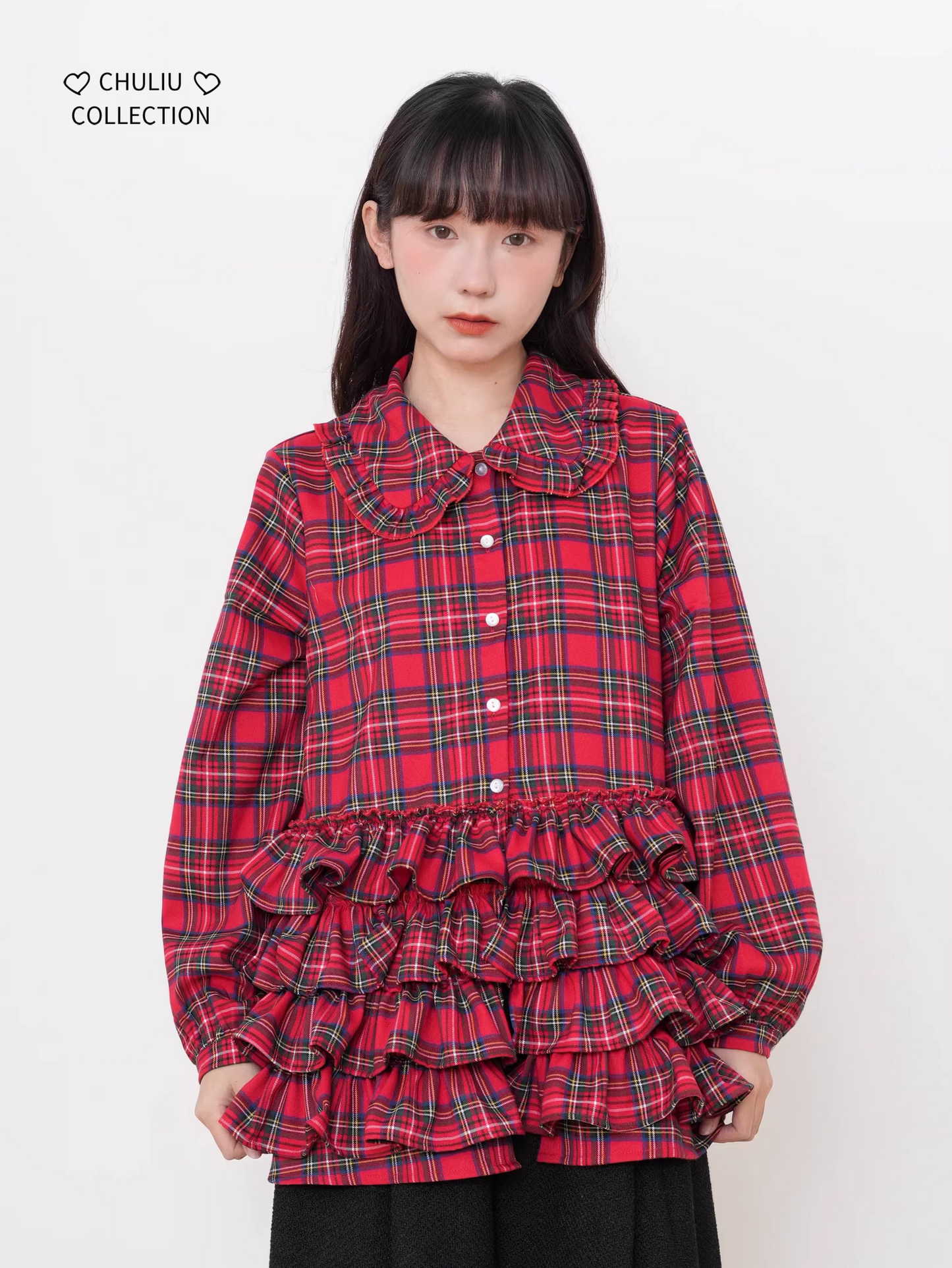 Retro Plaid Tiered Ruffle Hem Shirt　X3525