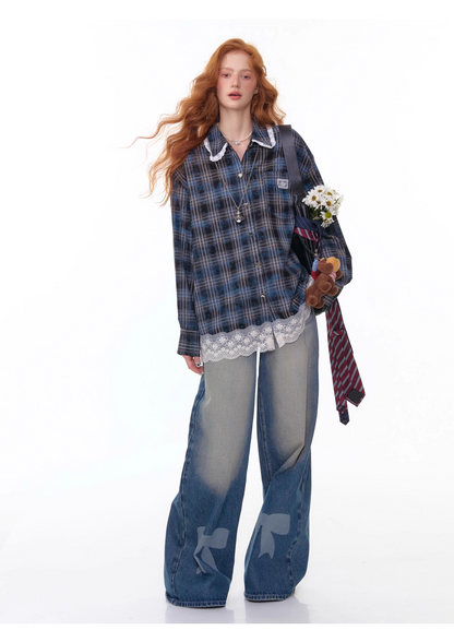 High Waist Wide-leg Straight Denim Pants with Bow　X3383