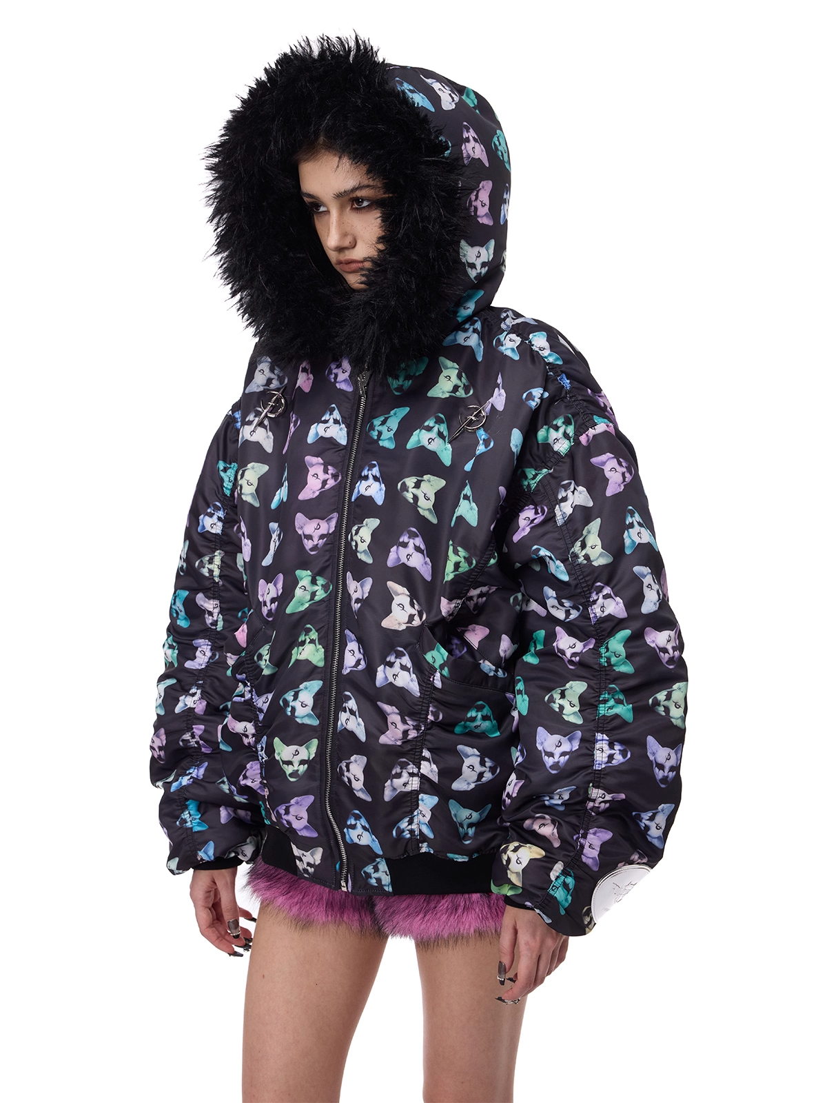 Cat Motif Print Black Metal Faux-Fur Collar Padded Jacket (Unisex)　X3488