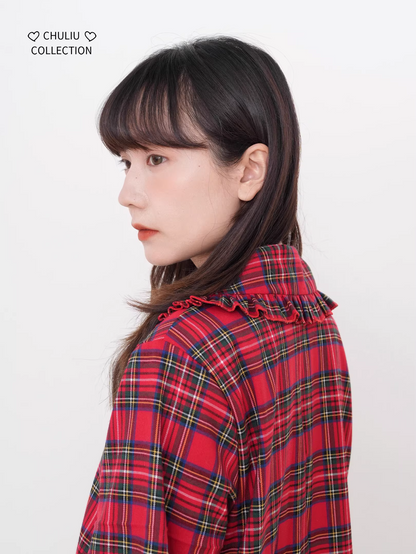 Retro Plaid Tiered Ruffle Hem Shirt　X3525