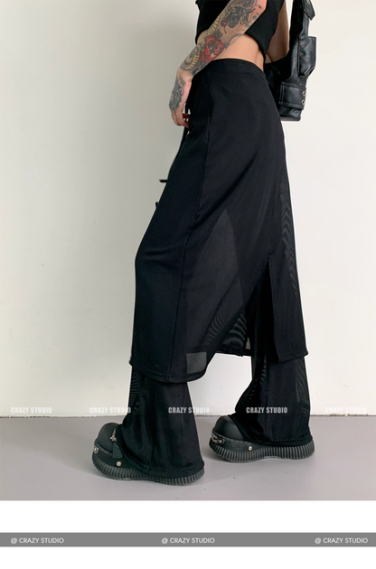 Layered Mesh Panel Drawstring Flared Skirt Pants　X3342