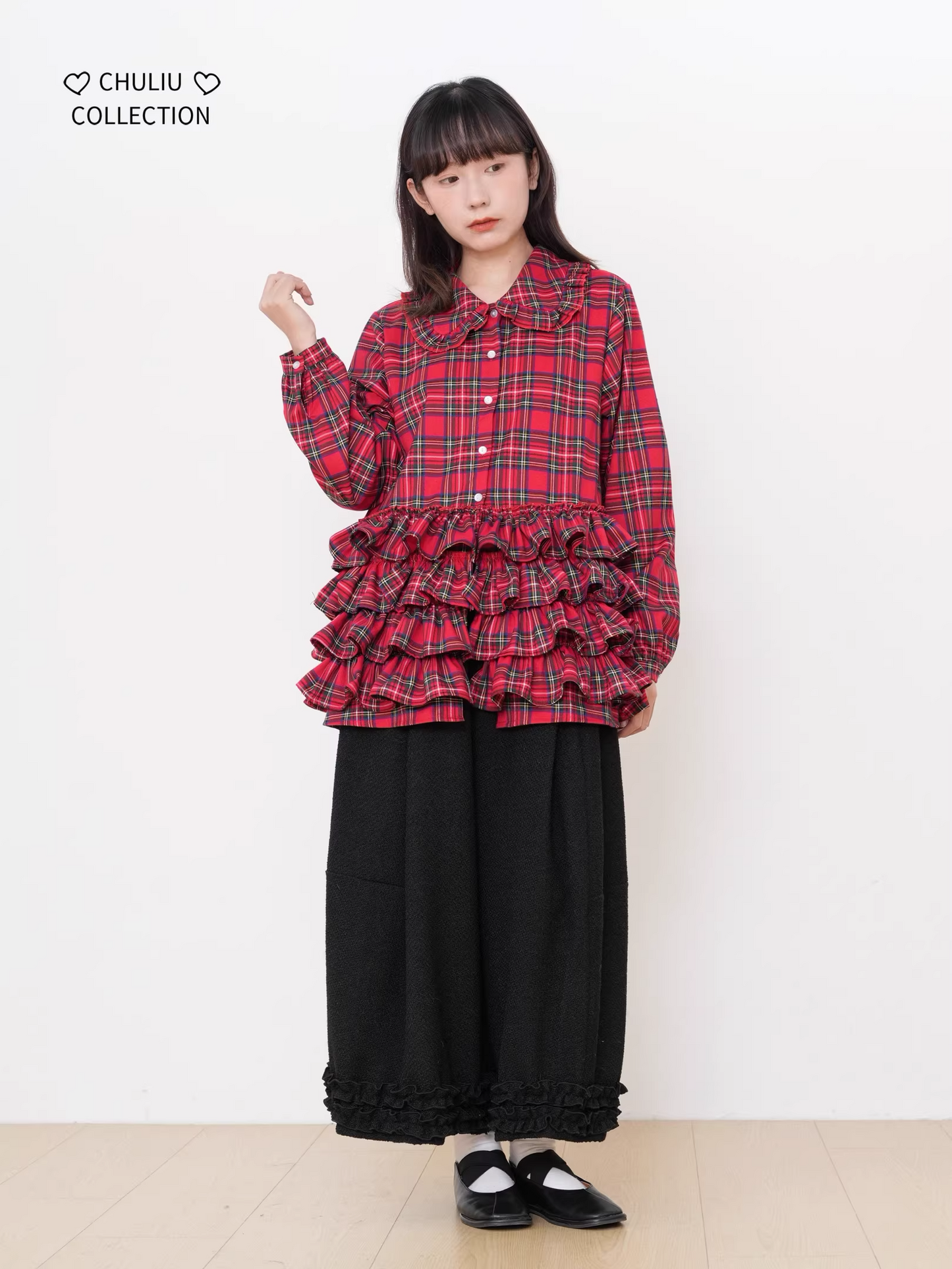 Retro Plaid Tiered Ruffle Hem Shirt　X3525