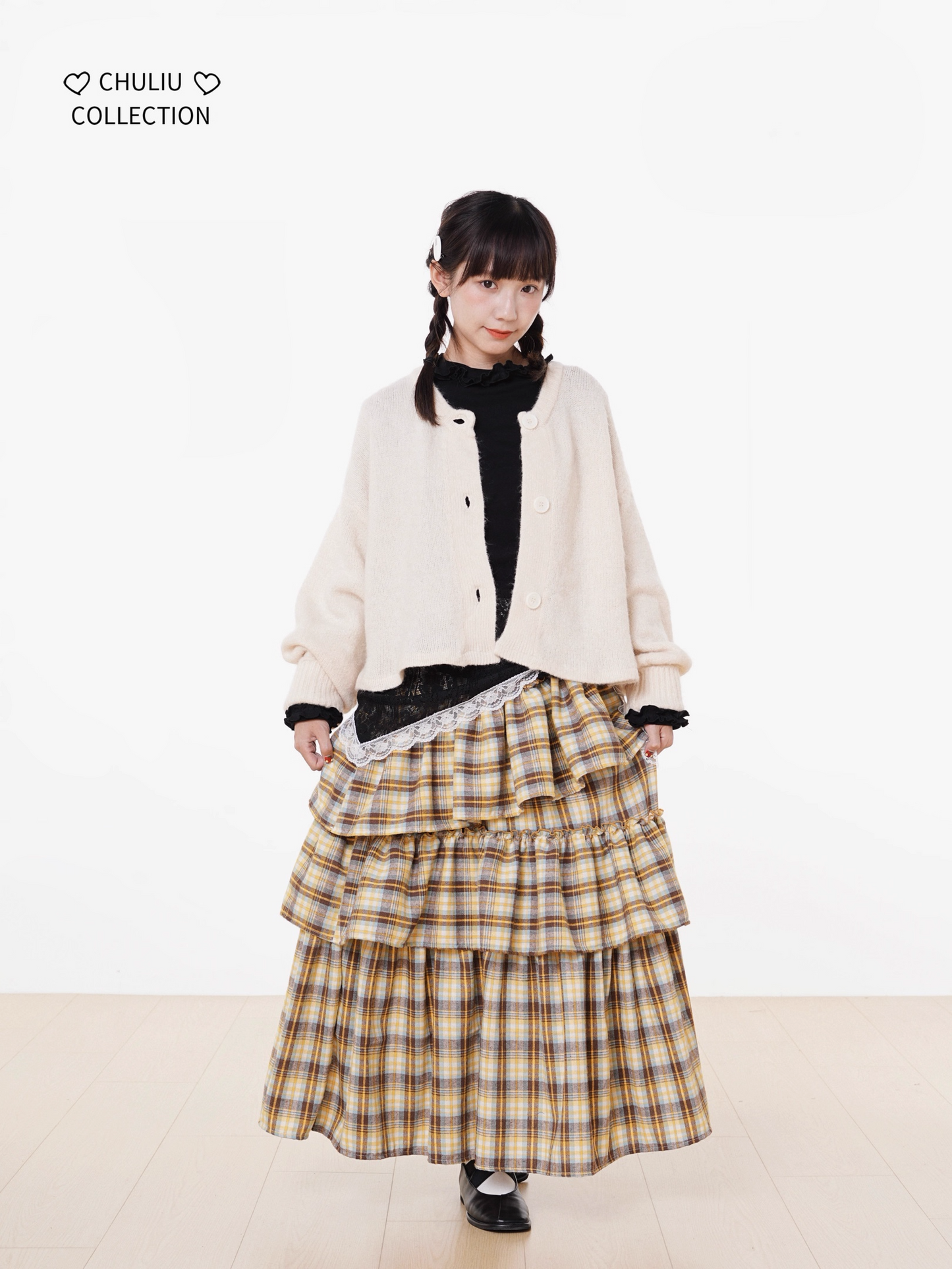 Autumn Winter Brushed Retro Check Tiered Skirt X3406