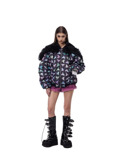 Cat Motif Print Black Metal Faux-Fur Collar Padded Jacket (Unisex)　X3488