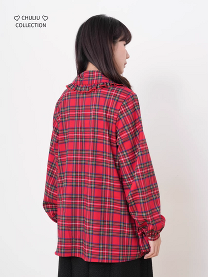 Retro Plaid Tiered Ruffle Hem Shirt　X3525