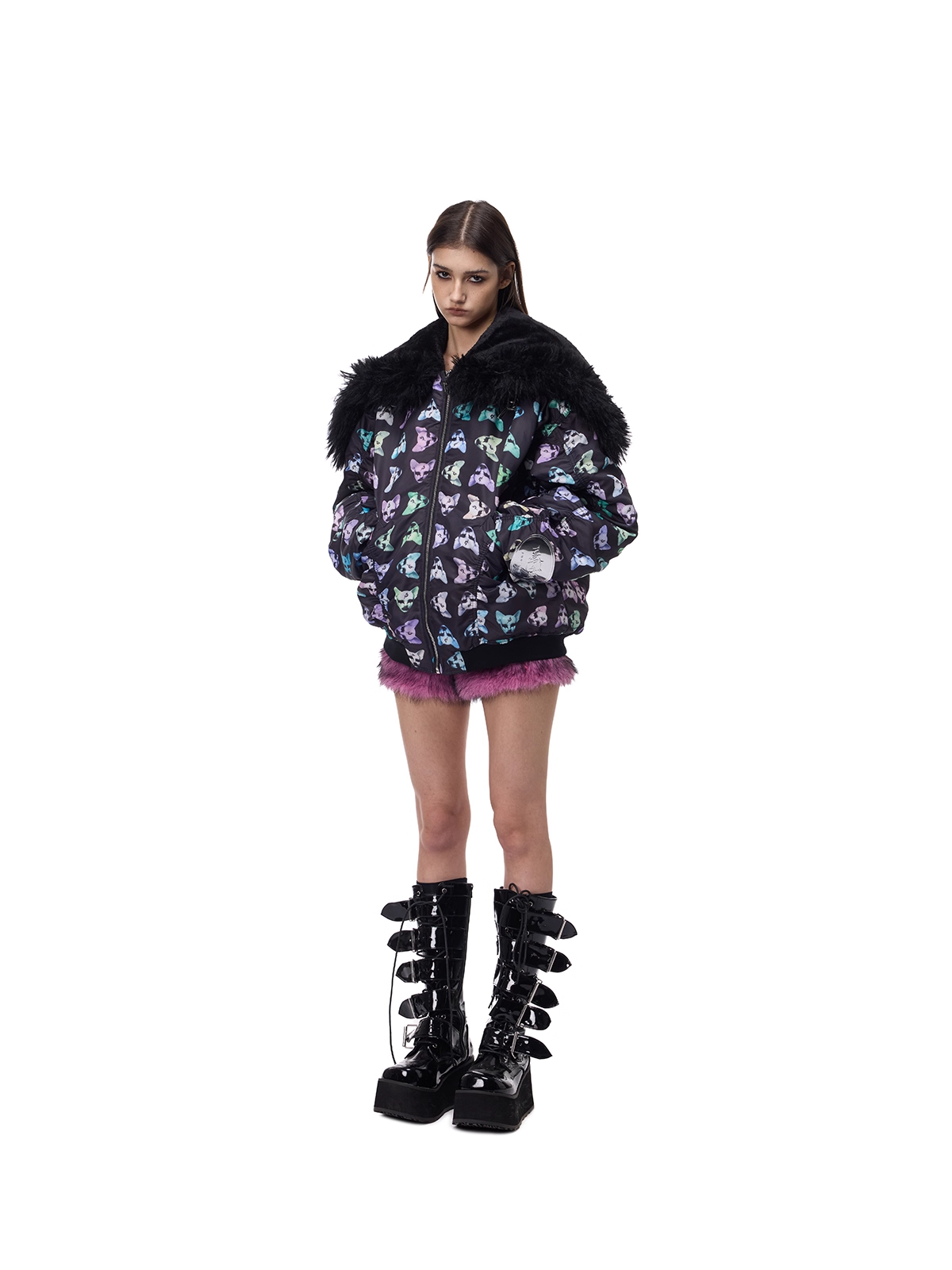 Cat Motif Print Black Metal Faux-Fur Collar Padded Jacket (Unisex)　X3488