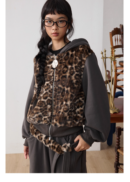 Leopard Faux-Fur Panel Hoodie & Pants　X3487