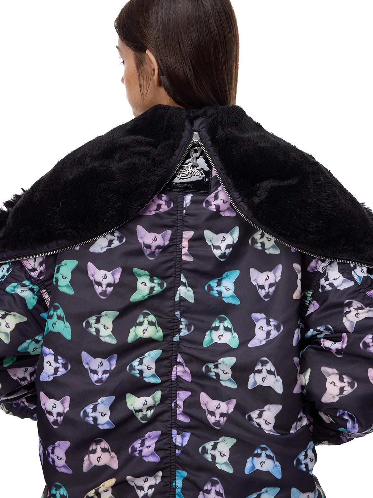 Cat Motif Print Black Metal Faux-Fur Collar Padded Jacket (Unisex)　X3488