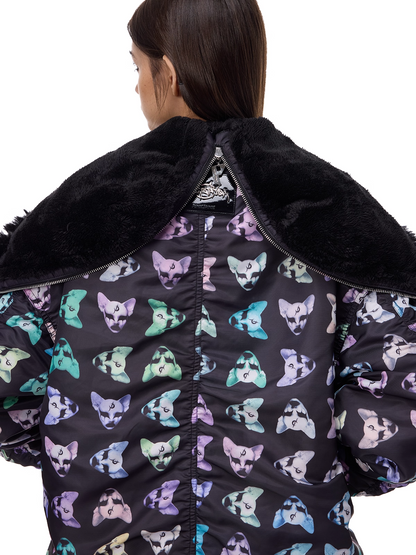 Cat Motif Print Black Metal Faux-Fur Collar Padded Jacket (Unisex)　X3488