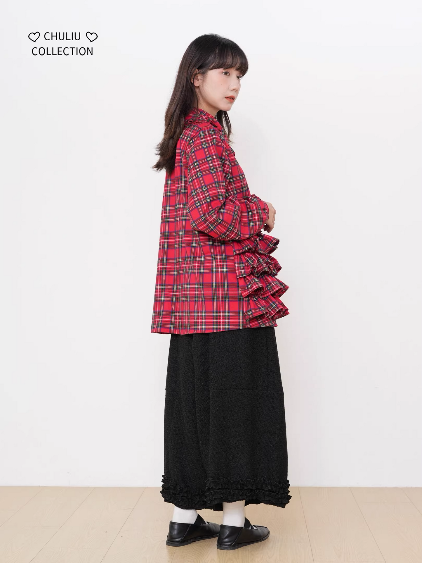 Retro Plaid Tiered Ruffle Hem Shirt　X3525