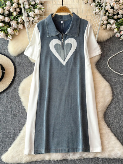 Bicolor Heart Denim Dress X2770