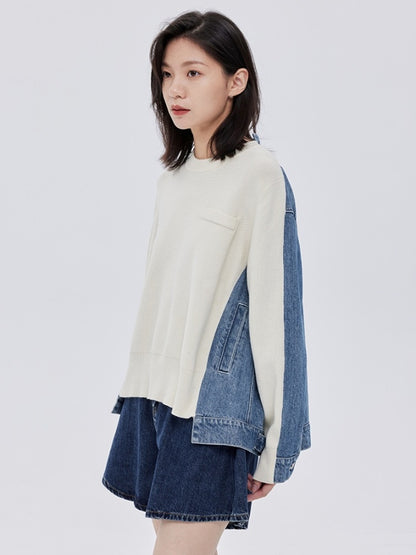 Bicolor denim knit sweater pullover X2782