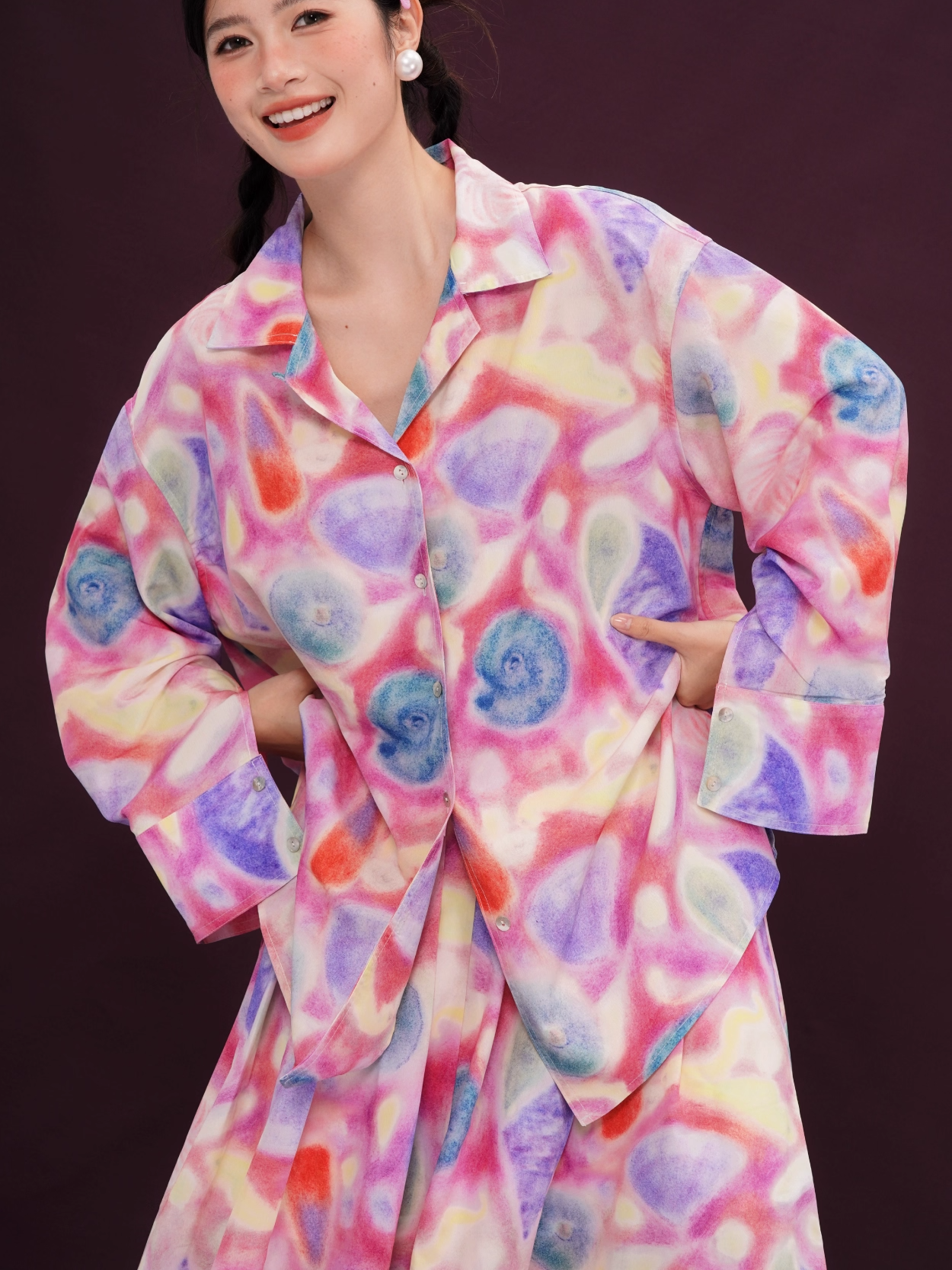 Colorful Seashell Print Long-Sleeve Shirt/Skirt X3392