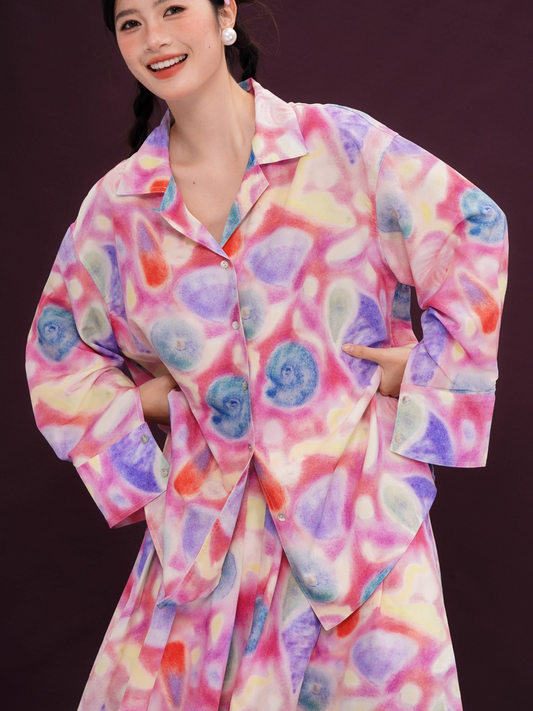 Colorful Seashell Print Long-Sleeve Shirt/Skirt X3392