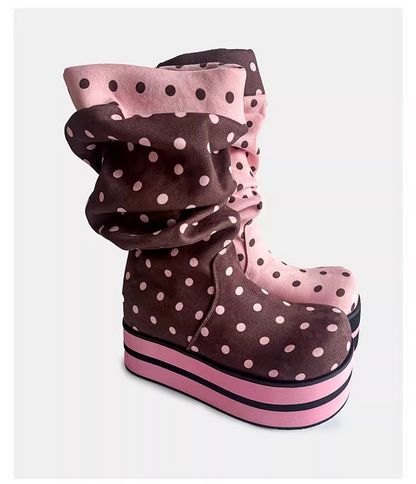 Polka Dot Platform Slouchy Mid Boots　X3524