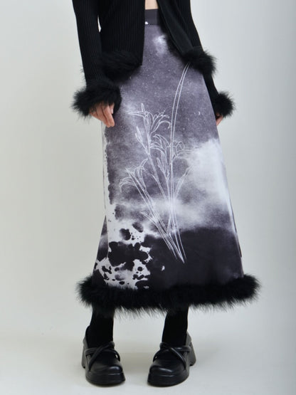 Ink painting pattern back slit fur long skirt X2647