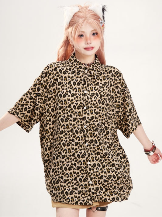 Leopard pattern half sleeve shirt X2764