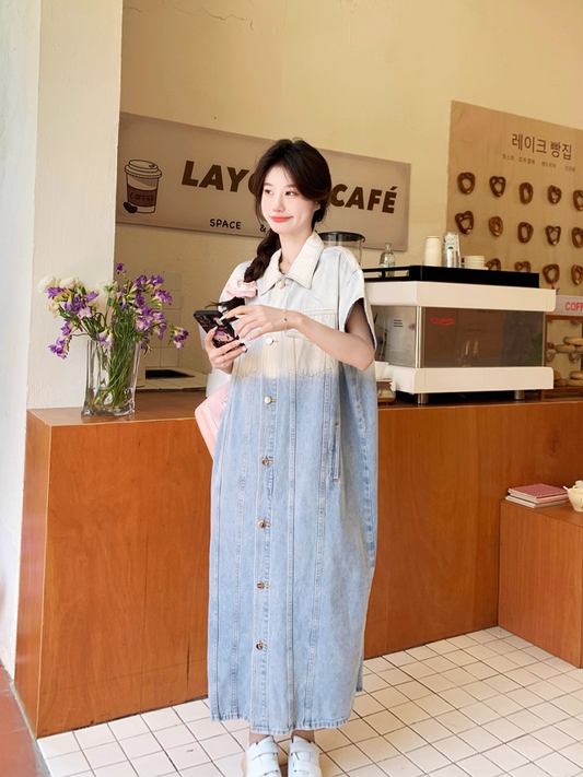 Gradient Color Loose Denim Shirt Dress X3320