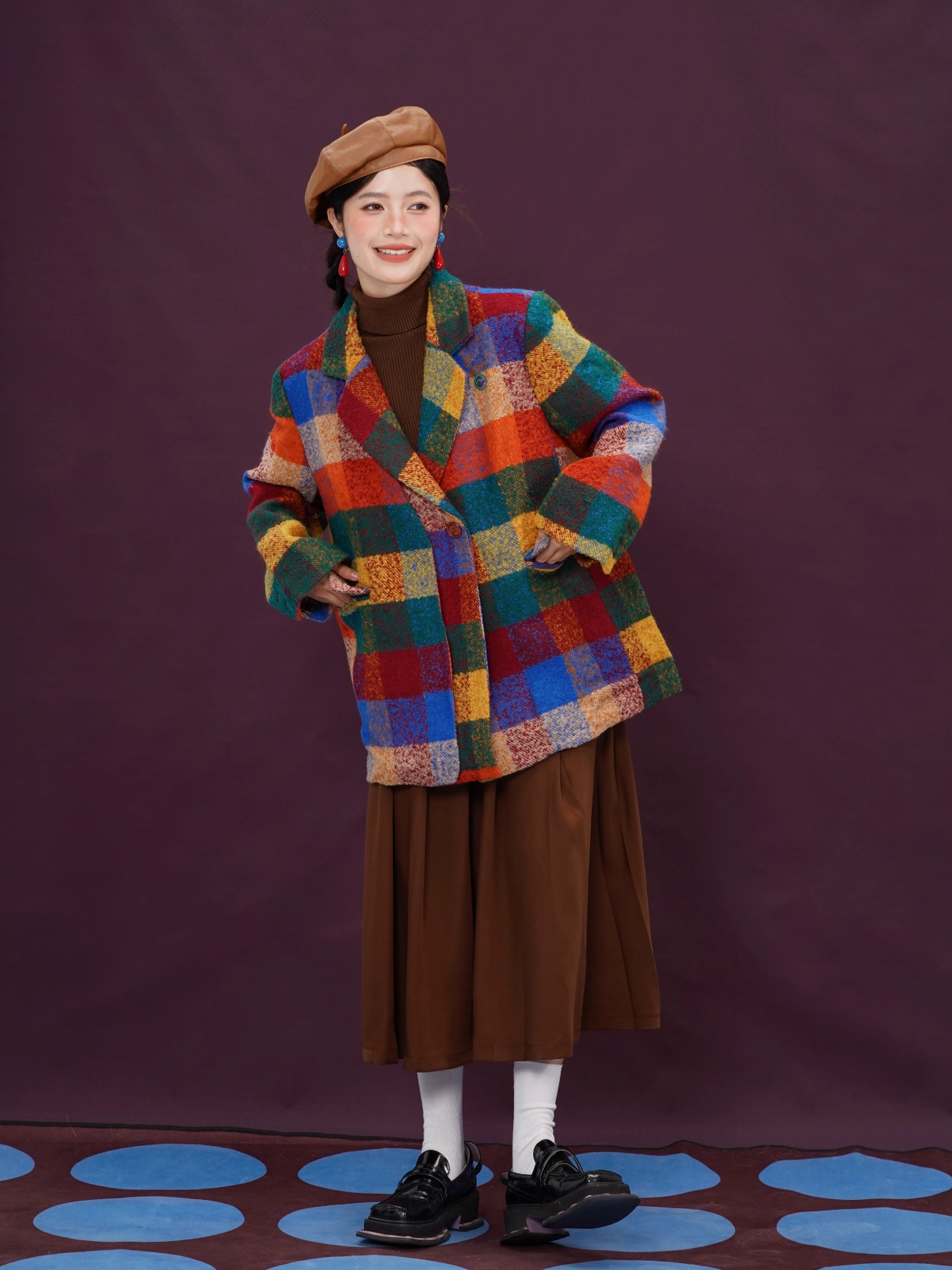 Colorful Rainbow Plaid Thick Oversized Blazer X3395