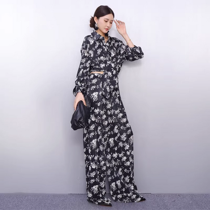 Draped Floral Print Shirt & Wide-Leg Pants Set X3519