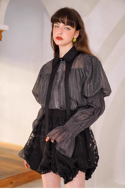 Elegant Black Puff Sleeve Shirt　X3345