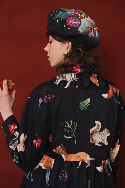 Vintage Animal Illustration Print Long Dress　X3348