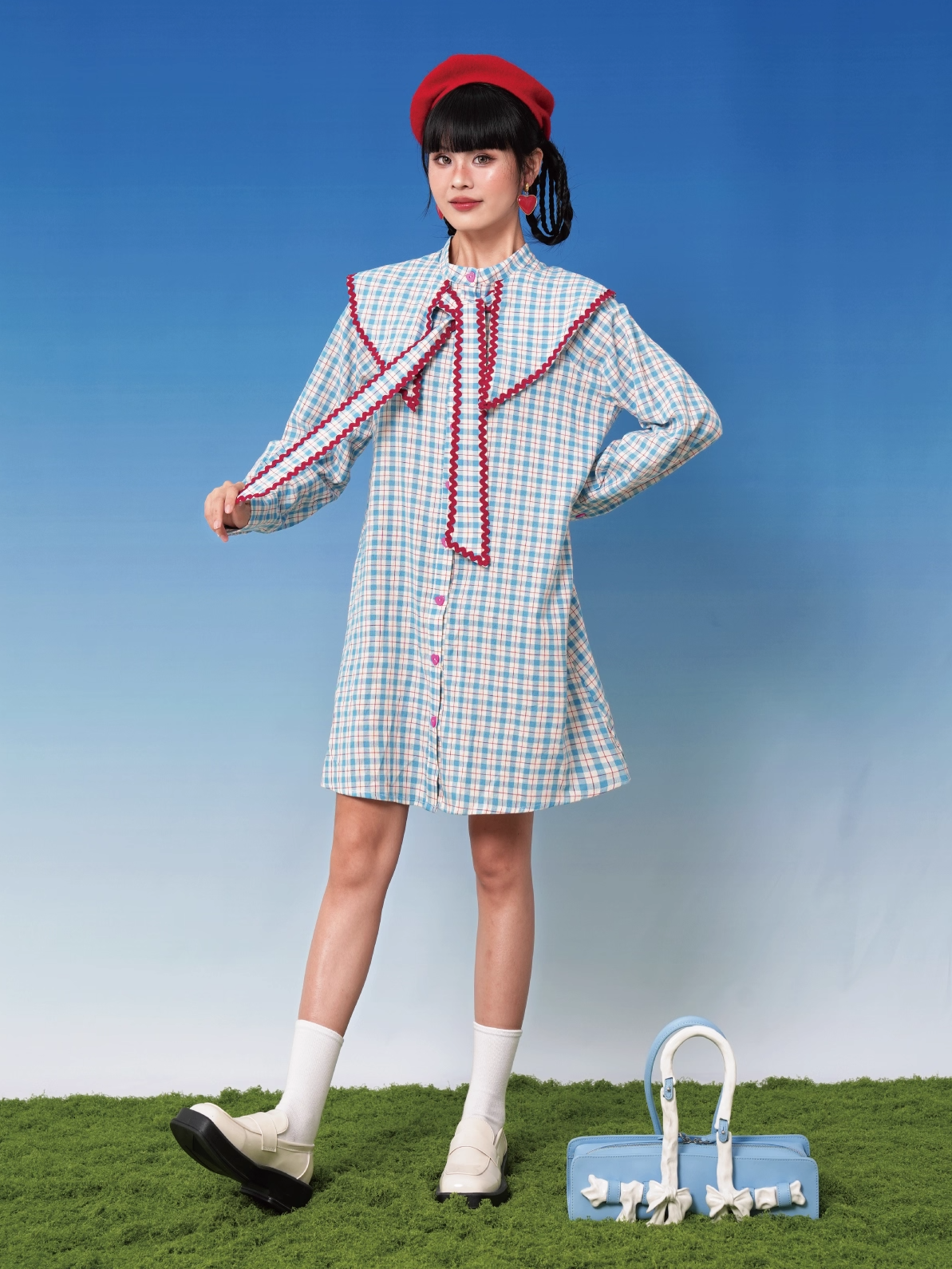 Blue Plaid Doll Collar Short Shirt Dress X3396