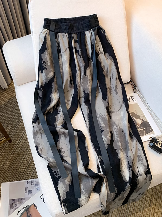 Chinese Style Ice Silk Wide-Leg Pants with Ribbon Tie　X3236