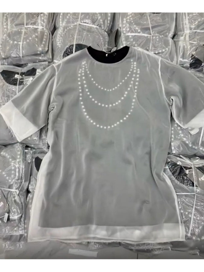 Sheer pearl necklace print T-shirt X2689